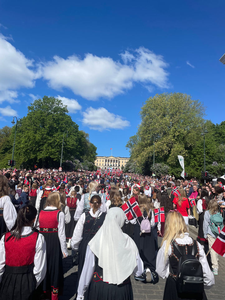 En gruppe mennesker i tog foran slottet