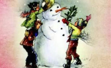 en gruppe mennesker i klær ved siden av en snøperson