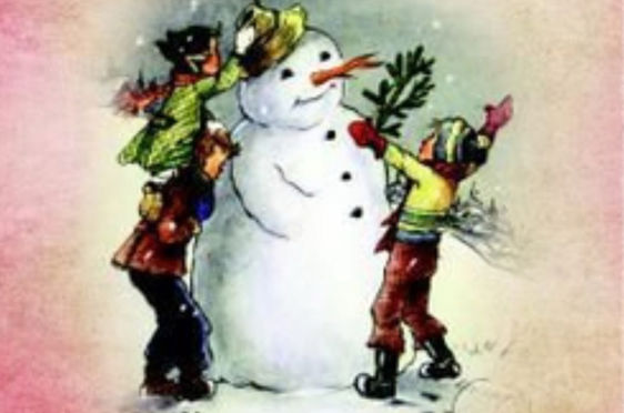 en gruppe mennesker i klær ved siden av en snøperson