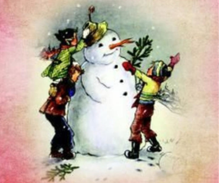 en gruppe mennesker i klær ved siden av en snøperson