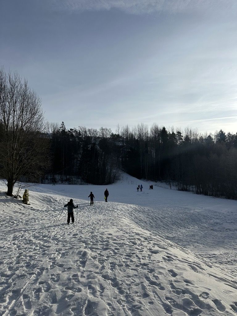 Folk som står på ski på snøen