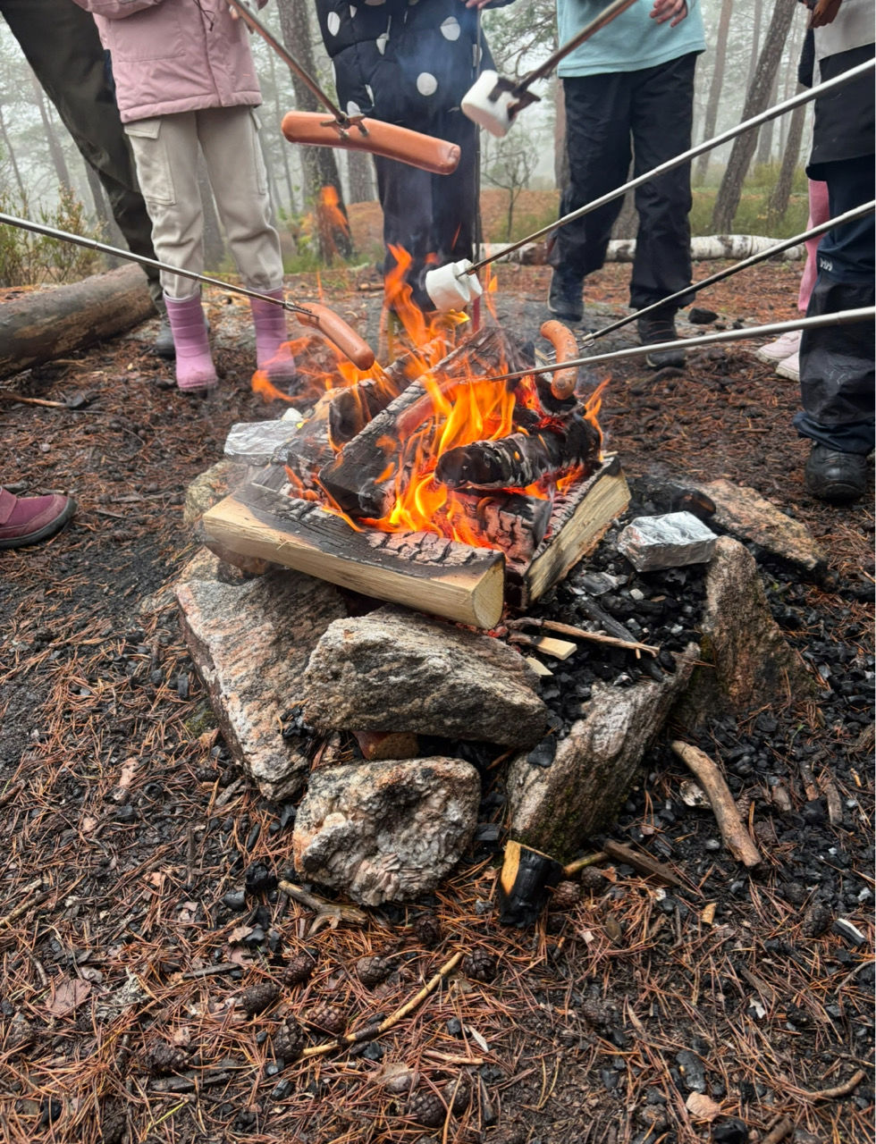 et bål med en pinne og en gruppe mennesker rundt det