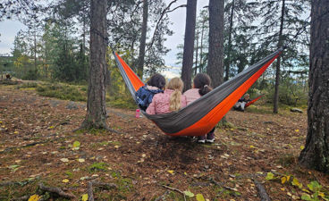 Elever på hengekøyetur i skogen